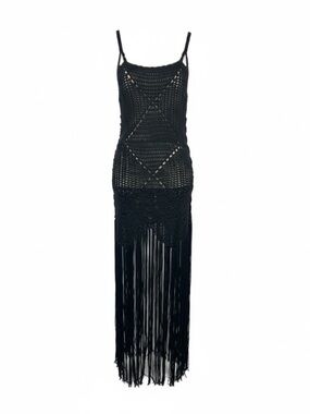 New LA Class Black Crochet Knit Fringe Maxi Cover Up Womens size Large